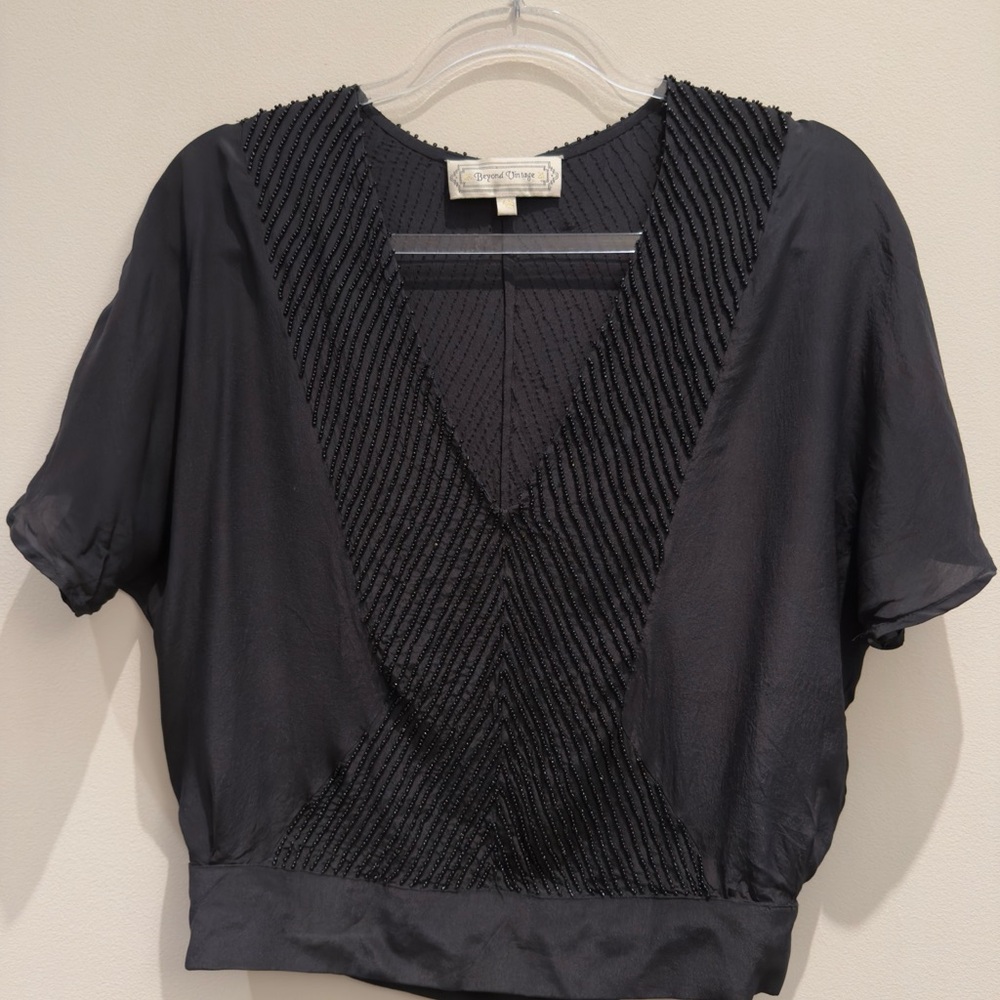 Beyond Vintage - Black Beaded V-Neck Blouse Embellished Black Beads Size XS